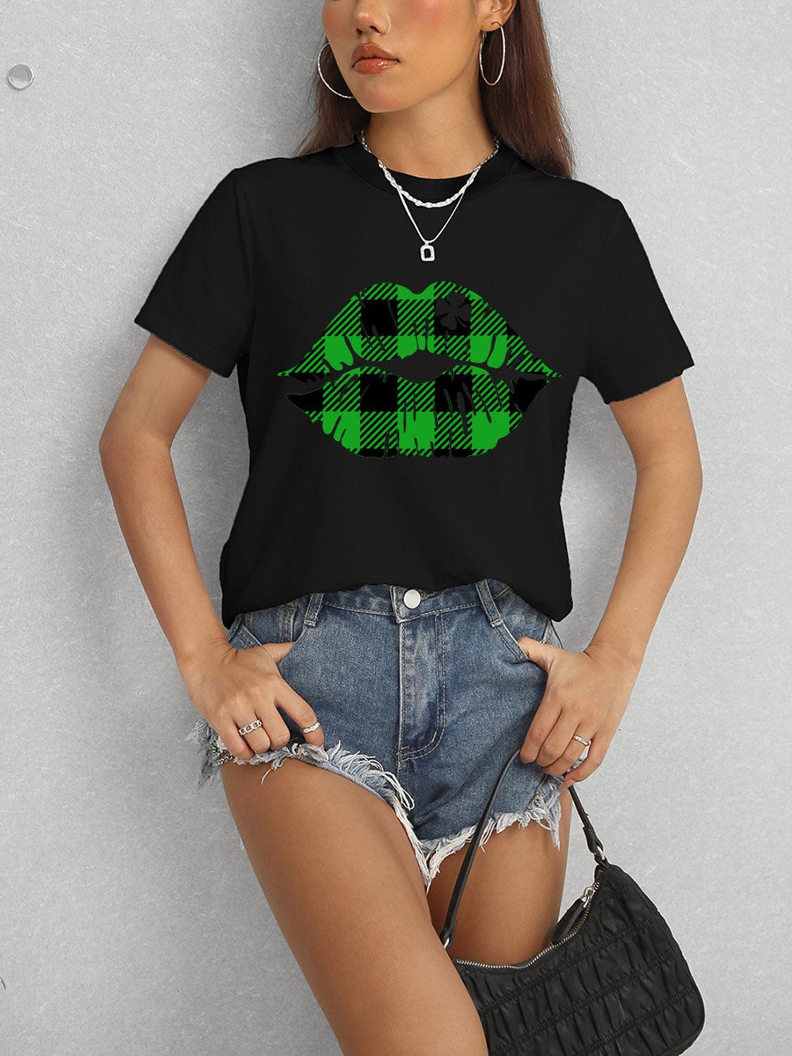 Get trendy with Plaid Lip Graphic Round Neck T-Shirt - Graphic T-Shirts available at Styles Code. Grab yours today!