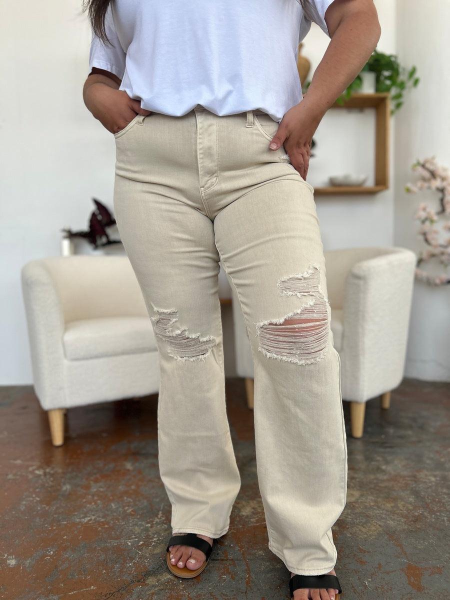 Get trendy with Full Size High Waist Distressed Wide Leg Jeans - Plus Size available at Styles Code. Grab yours today!