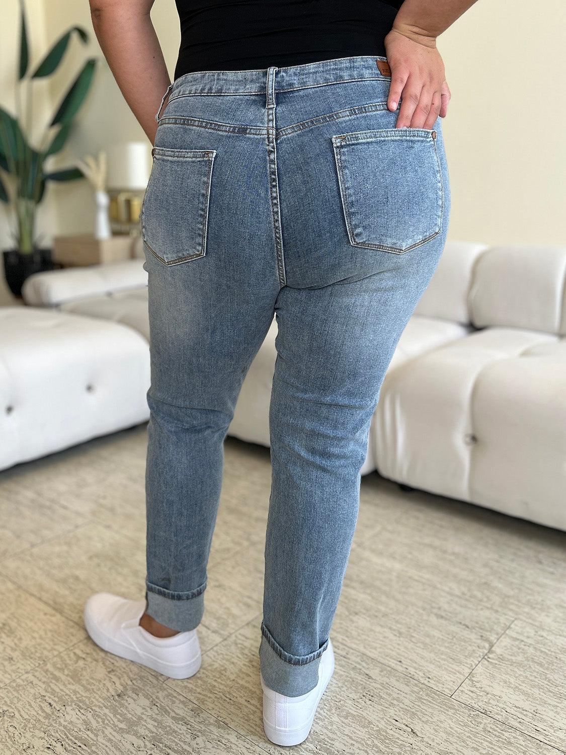 Get trendy with Full Size High Waist Cuff Hem Jeans - Plus Size available at Styles Code. Grab yours today!