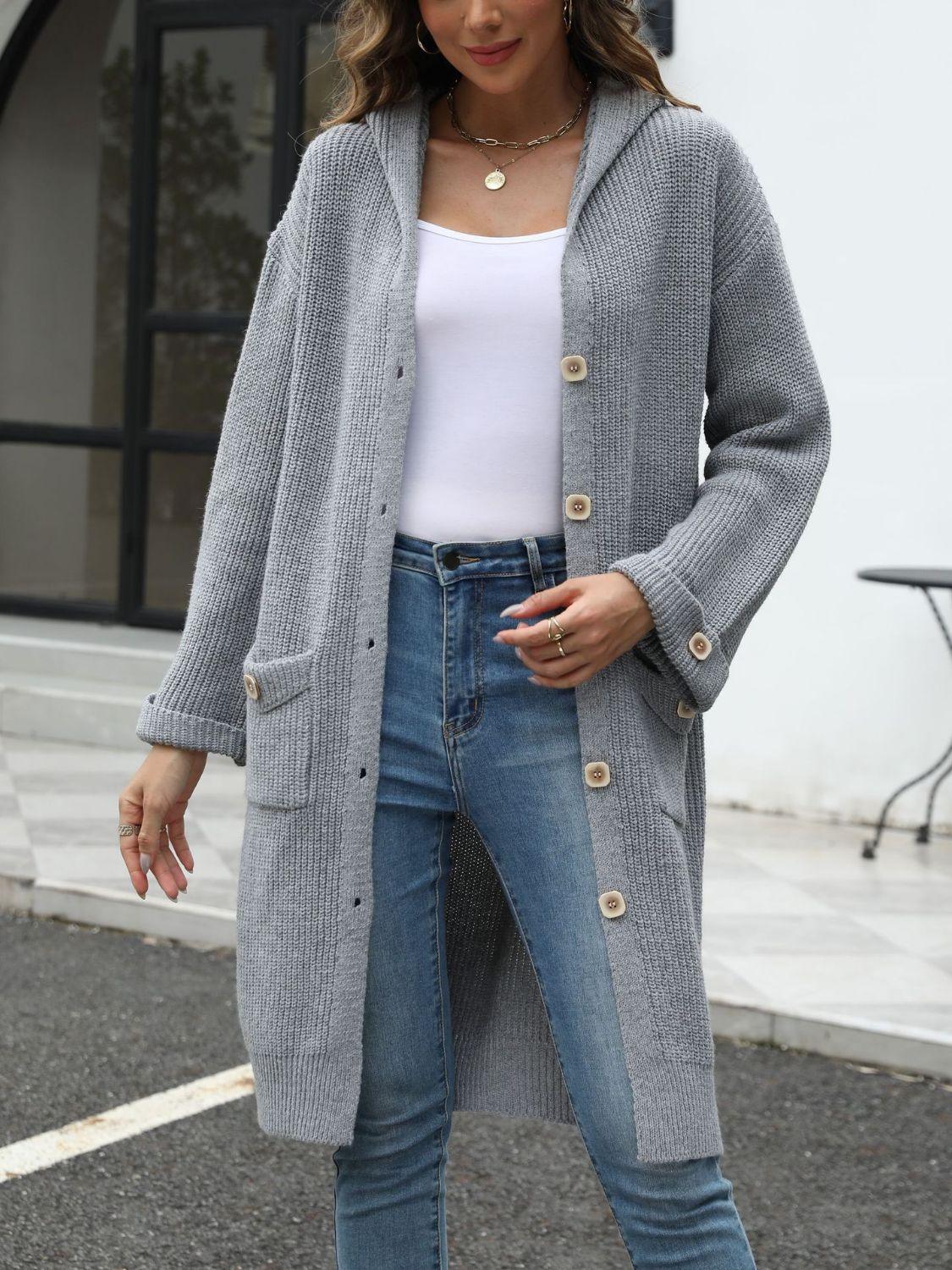 Get trendy with Pocketed Button Up Long Sleeve Hooded Cardigan - available at Styles Code. Grab yours today!