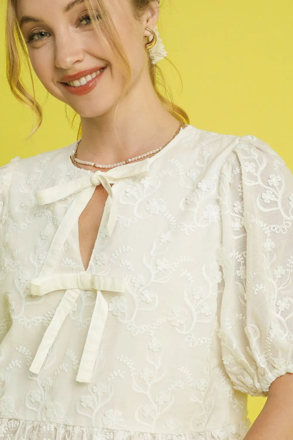 Get trendy with Embroidered Tie Front Blouse Top - Top available at Styles Code. Grab yours today!