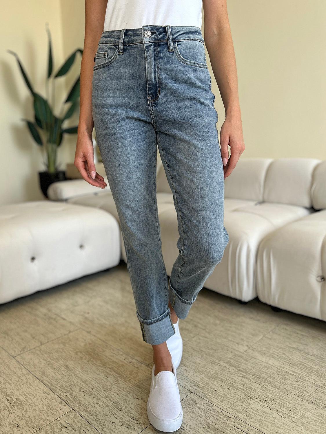 Get trendy with Full Size High Waist Cuff Hem Jeans - Plus Size available at Styles Code. Grab yours today!