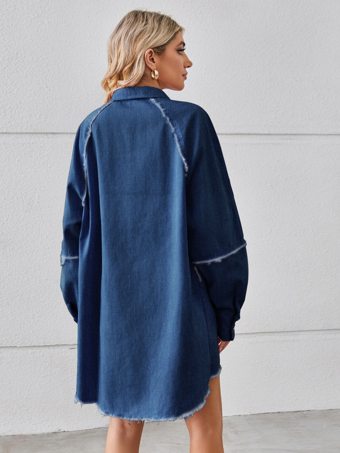 Get trendy with Raw Hem Button Up Denim Dress - Denim Dress available at Styles Code. Grab yours today!