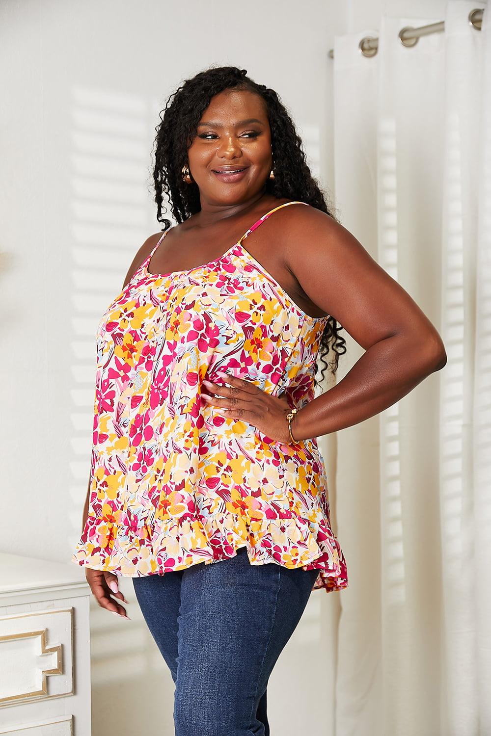 Get trendy with Floral Scoop Neck Ruffle Hem Cami - Top available at Styles Code. Grab yours today!