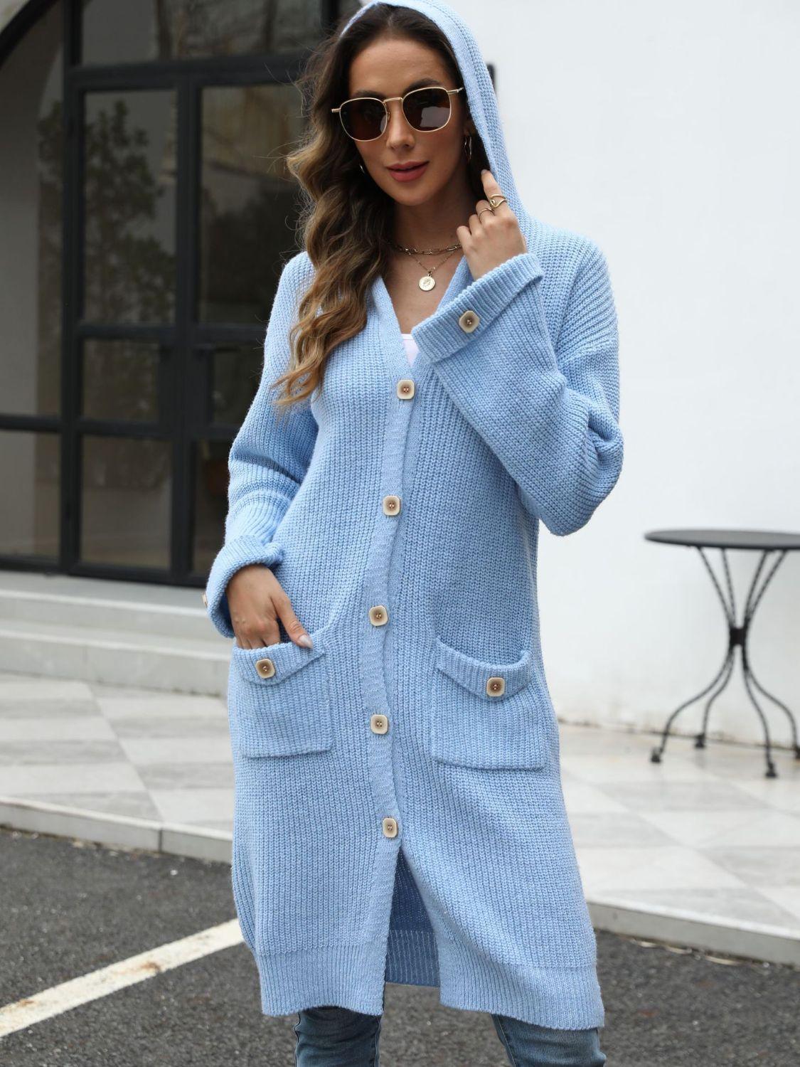 Get trendy with Pocketed Button Up Long Sleeve Hooded Cardigan - available at Styles Code. Grab yours today!