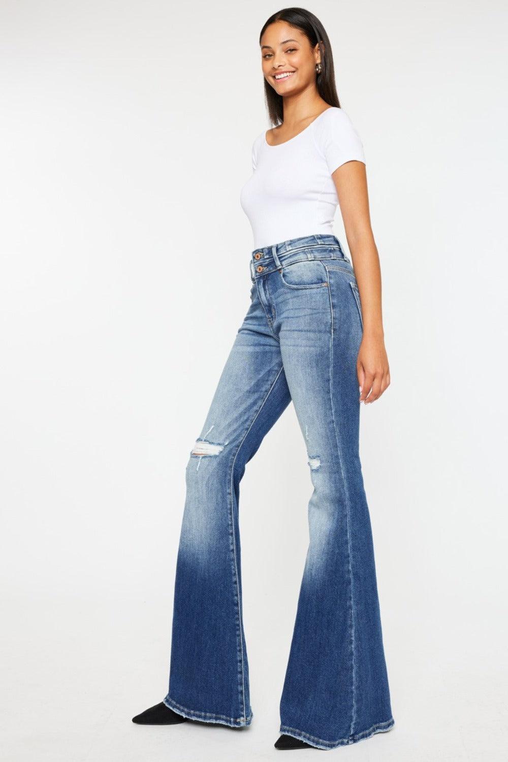 Get trendy with High Rise Wide Waistband Flare Jeans - Jeans available at Styles Code. Grab yours today!