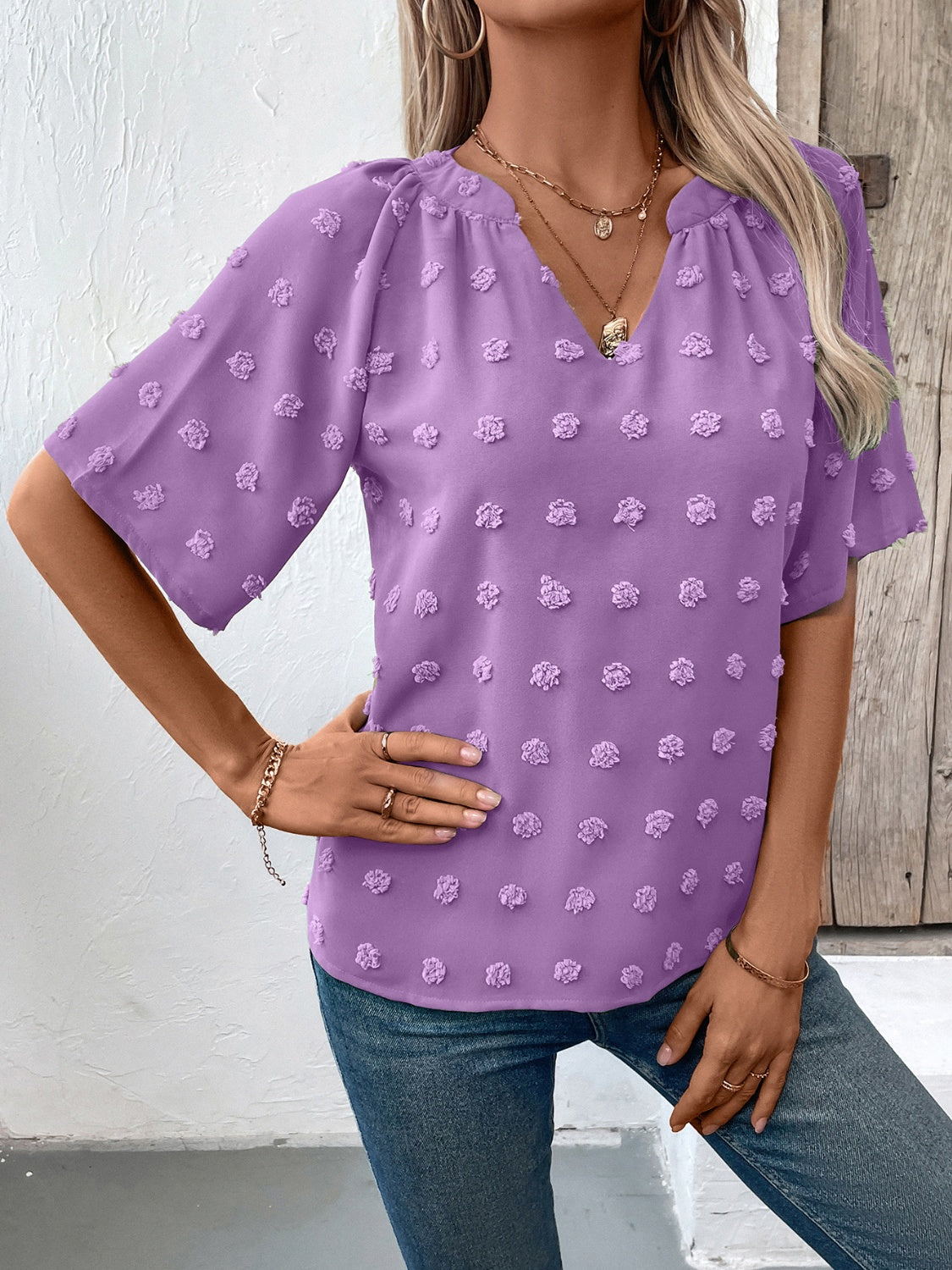 Get trendy with Swiss Dot Notched Half Sleeve Blouse - Blouse available at Styles Code. Grab yours today!