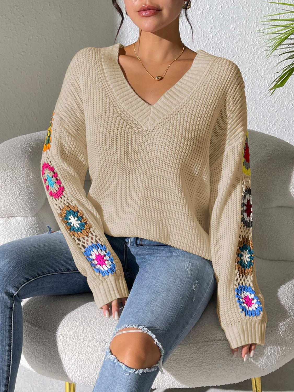 Get trendy with Crochet Flower V-Neck Sweater - available at Styles Code. Grab yours today!