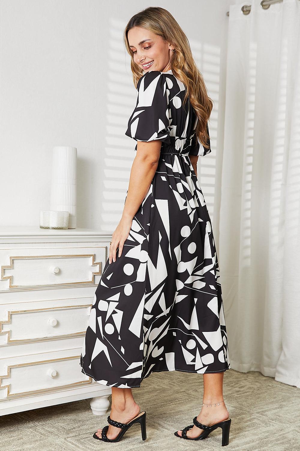 Get trendy with Double Take Printed Surplice Balloon Sleeve Dress - Dress available at Styles Code. Grab yours today!