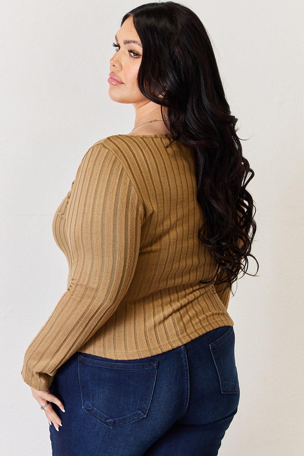 Get trendy with Full Size Ribbed Long Sleeve T-Shirt - T-Shirt available at Styles Code. Grab yours today!