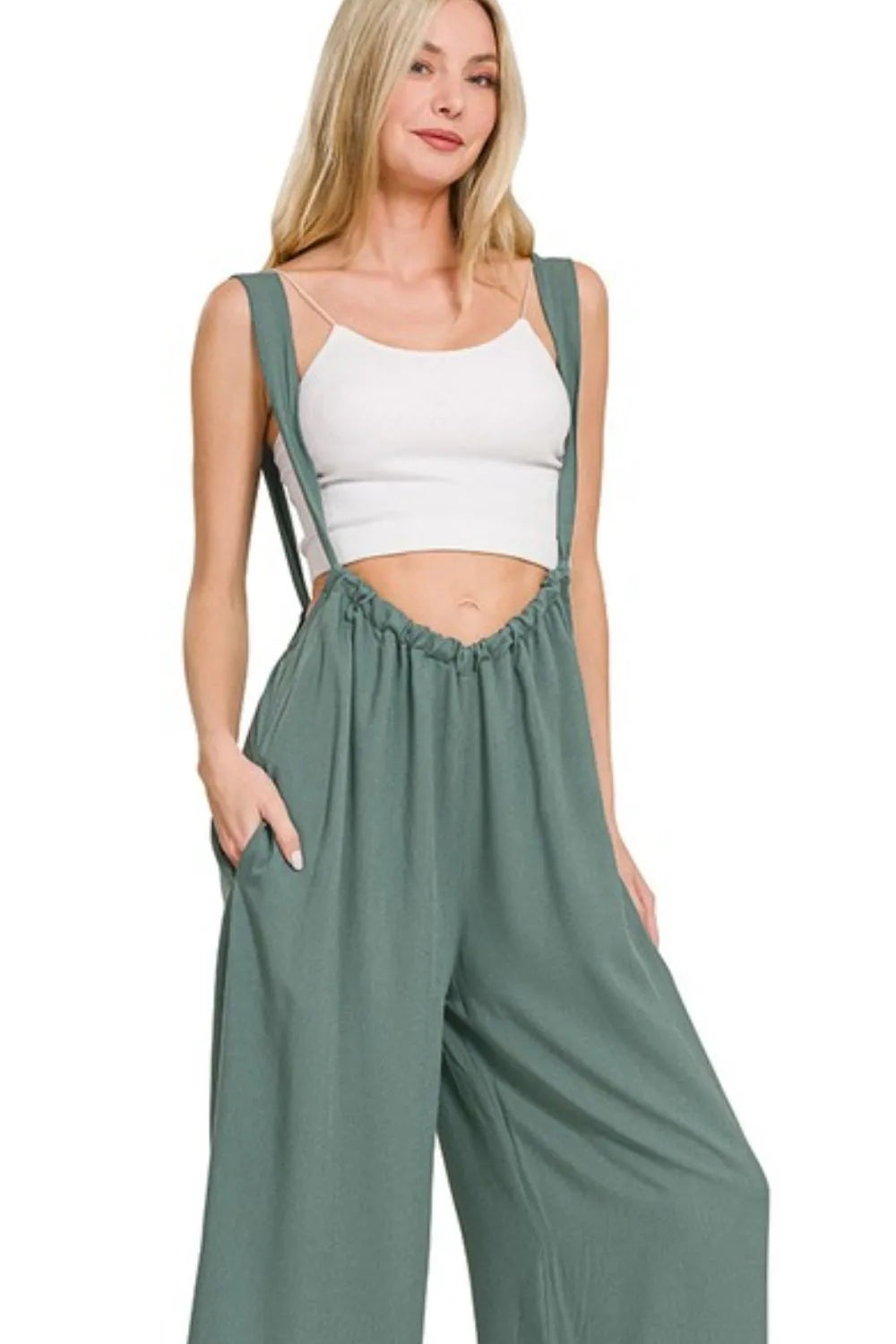 Get trendy with Woven Suspender Jumpsuit - Jumpsuit available at Styles Code. Grab yours today!
