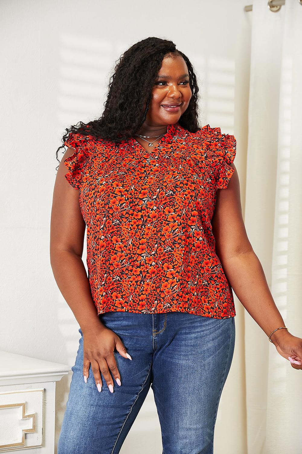 Get trendy with Floral Flutter Sleeve Notched Neck Blouse - Top available at Styles Code. Grab yours today!