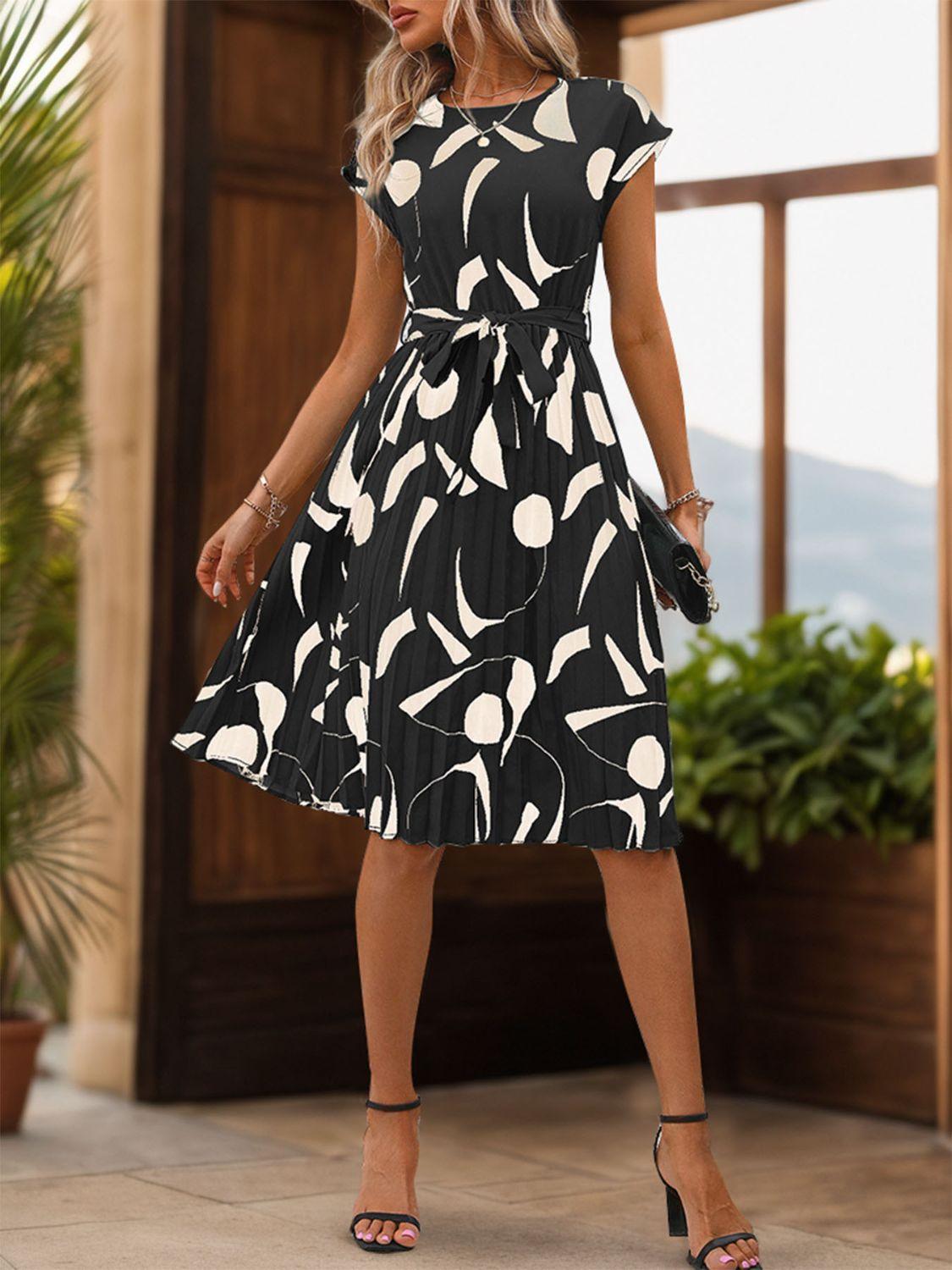 Get trendy with Tied Pleated Printed Cap Sleeve Dress - Dress available at Styles Code. Grab yours today!
