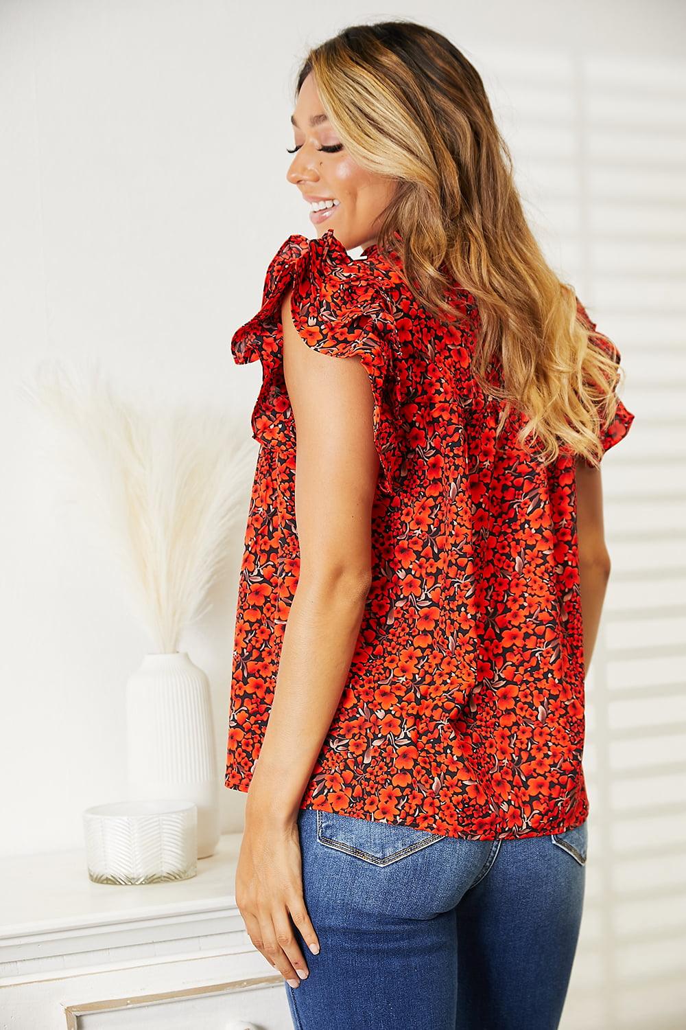 Get trendy with Floral Flutter Sleeve Notched Neck Blouse - Top available at Styles Code. Grab yours today!