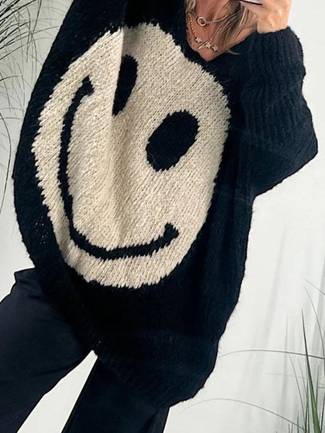 Get trendy with Smiling Face V-Neck Long Sleeve Sweater - available at Styles Code. Grab yours today!