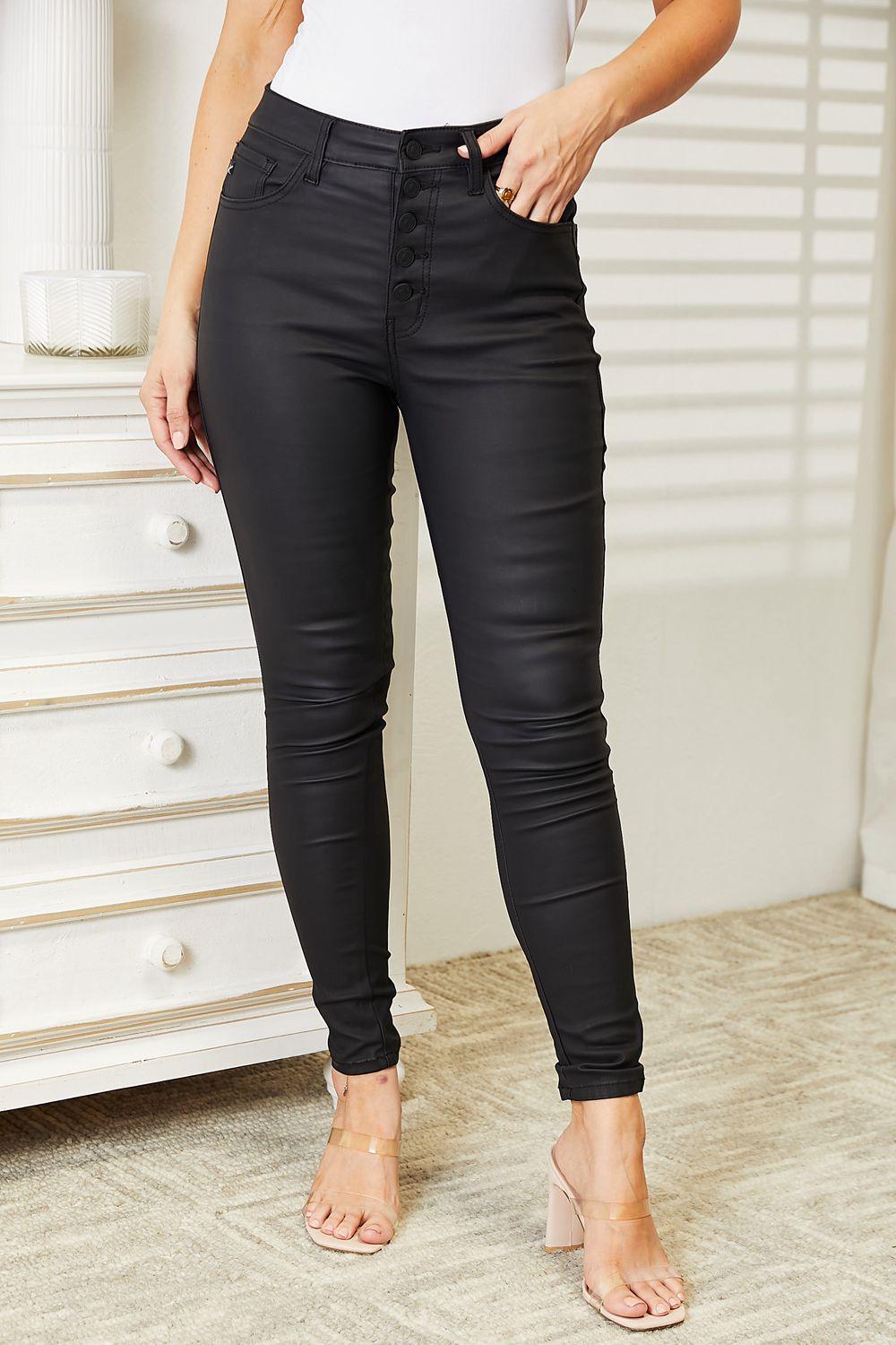 Get trendy with Full Size High Rise Black Coated Skinny Jeans - Plus Size available at Styles Code. Grab yours today!