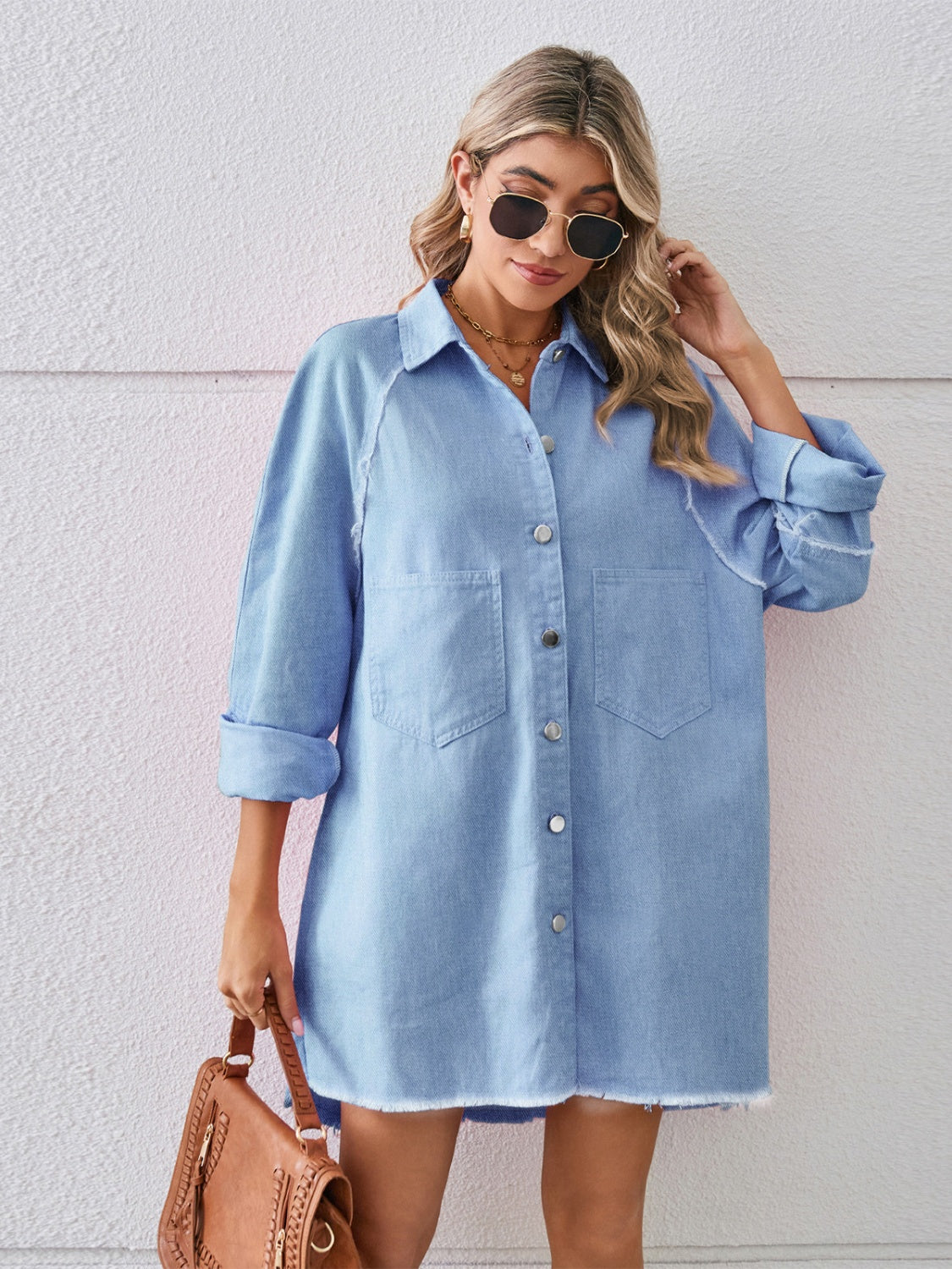 Get trendy with Raw Hem Button Up Denim Dress - Denim Dress available at Styles Code. Grab yours today!