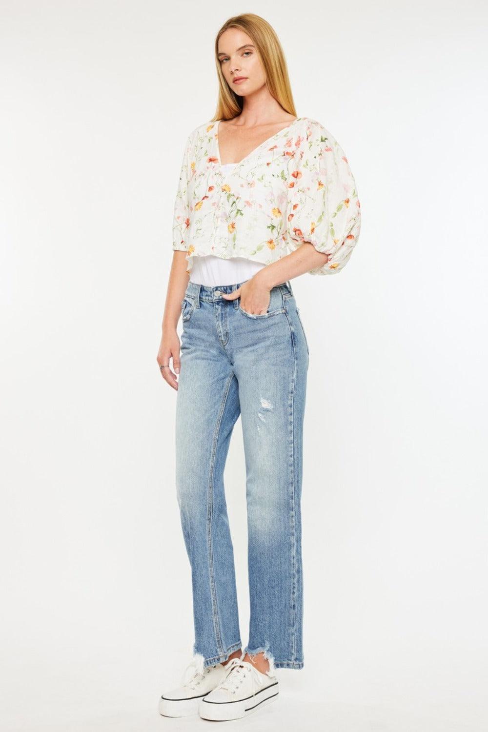 Get trendy with Mid Rise Frayed Hem Straight Jeans - Jeans available at Styles Code. Grab yours today!