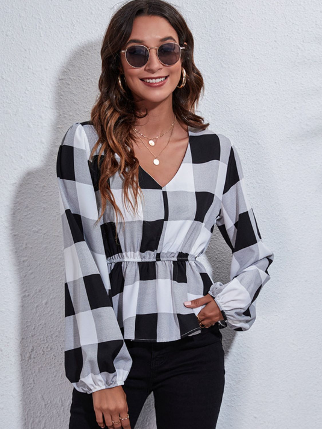 Get trendy with Ruched Printed V-Neck Blouse - Blouse available at Styles Code. Grab yours today!