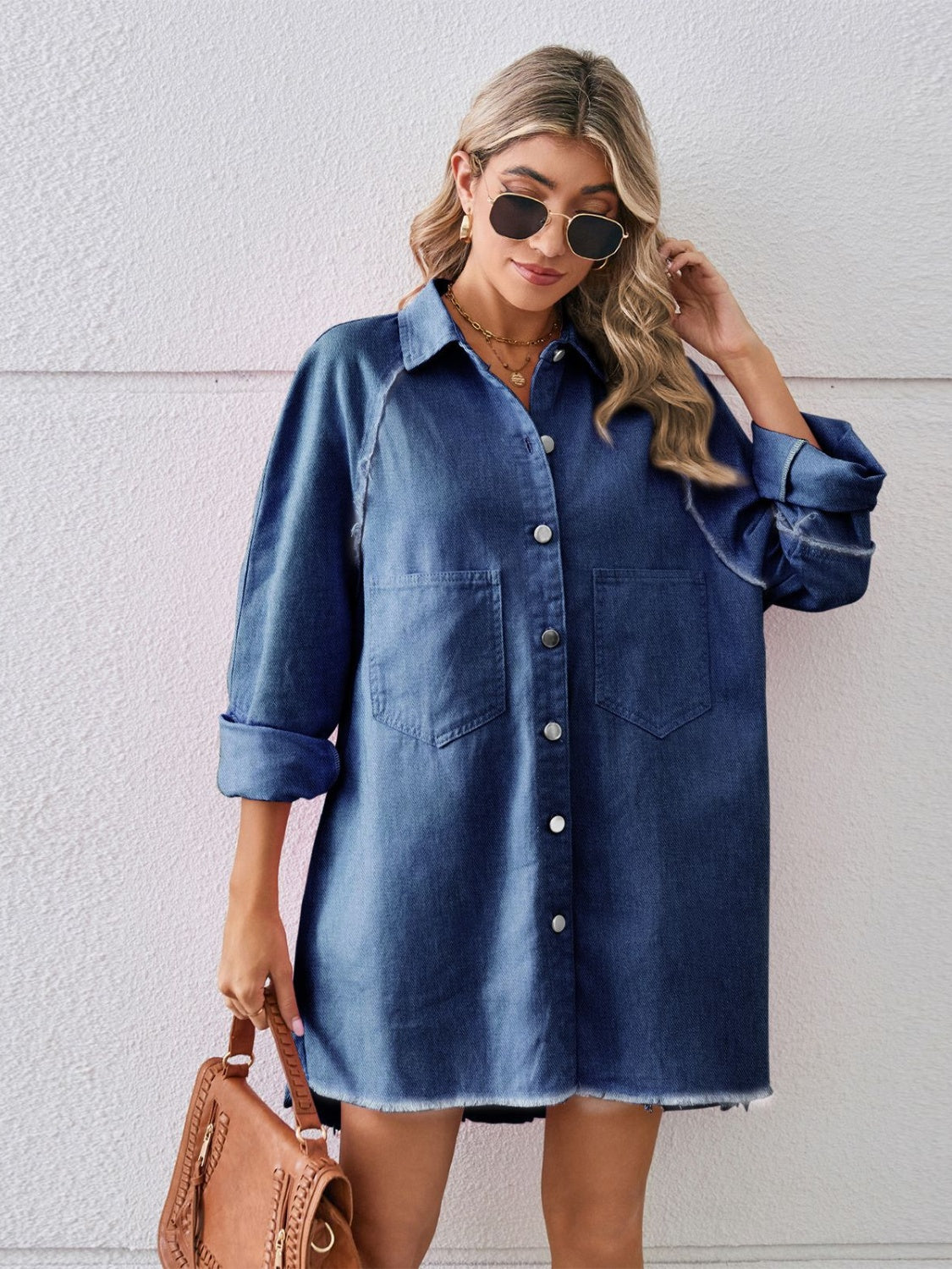 Get trendy with Raw Hem Button Up Denim Dress - Denim Dress available at Styles Code. Grab yours today!