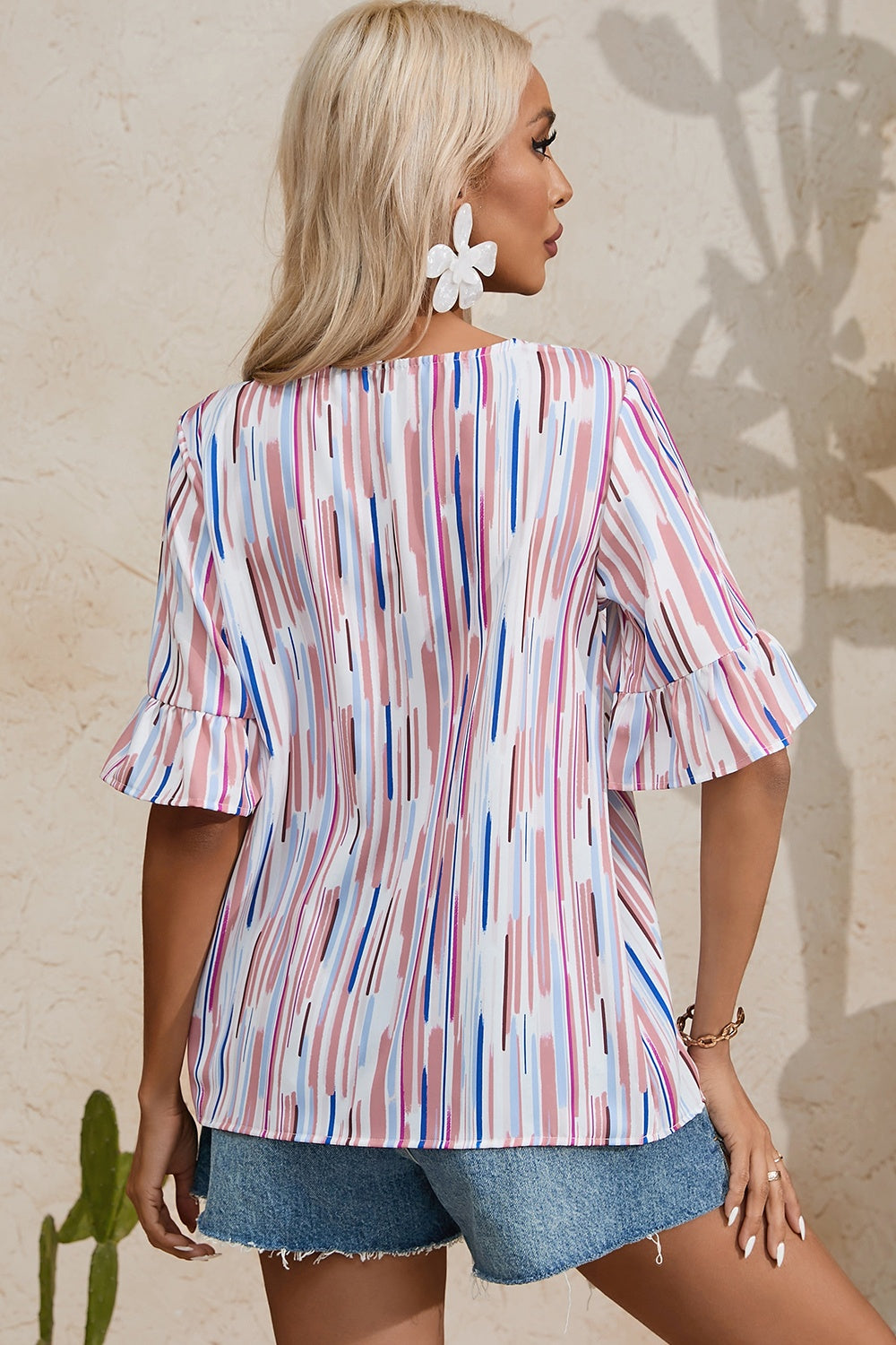 Get trendy with Printed Flounce Sleeve Blouse - Blouse available at Styles Code. Grab yours today!