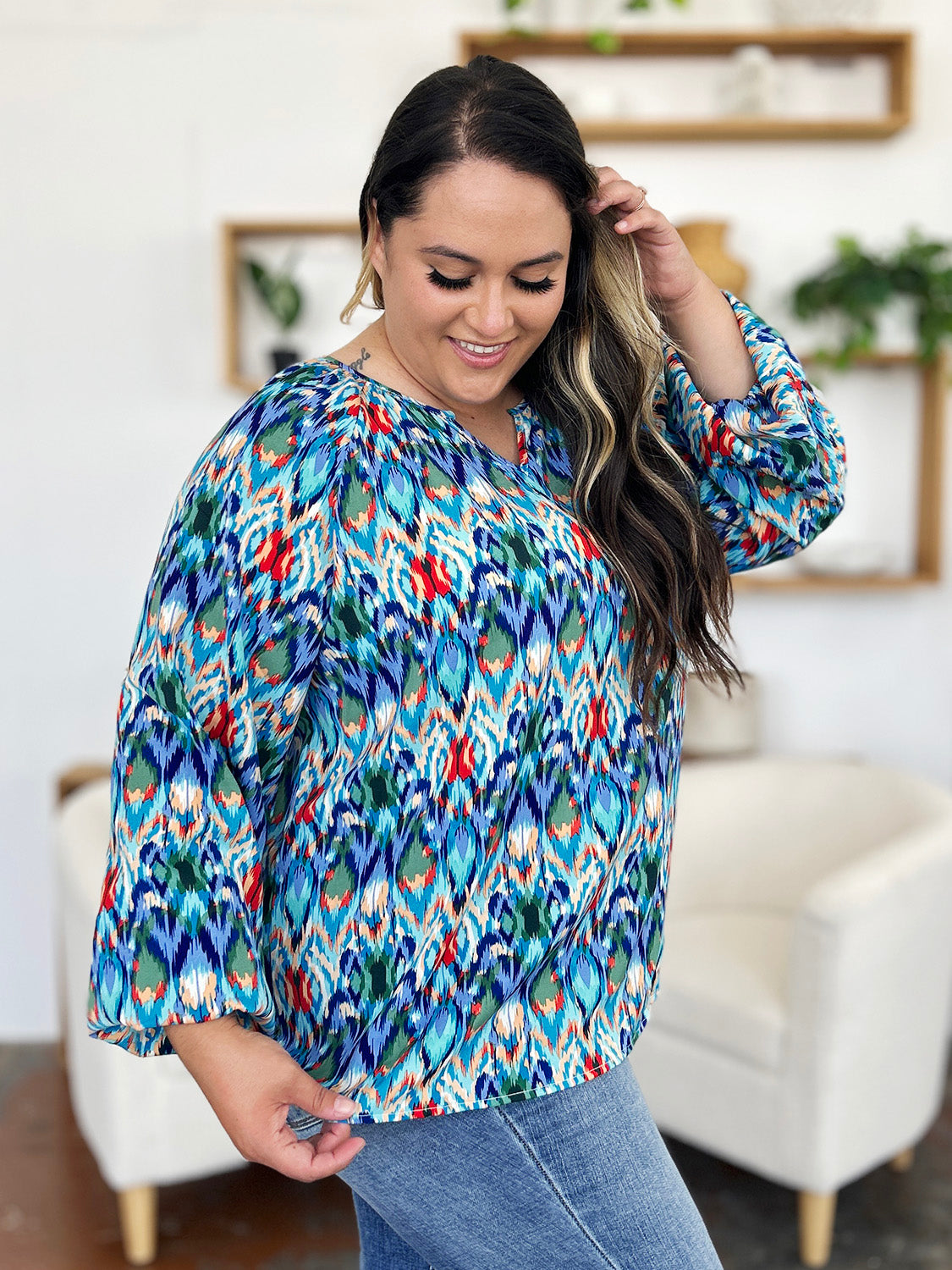 Get trendy with Full Size Balloon Sleeve Blouse - Blouse available at Styles Code. Grab yours today!