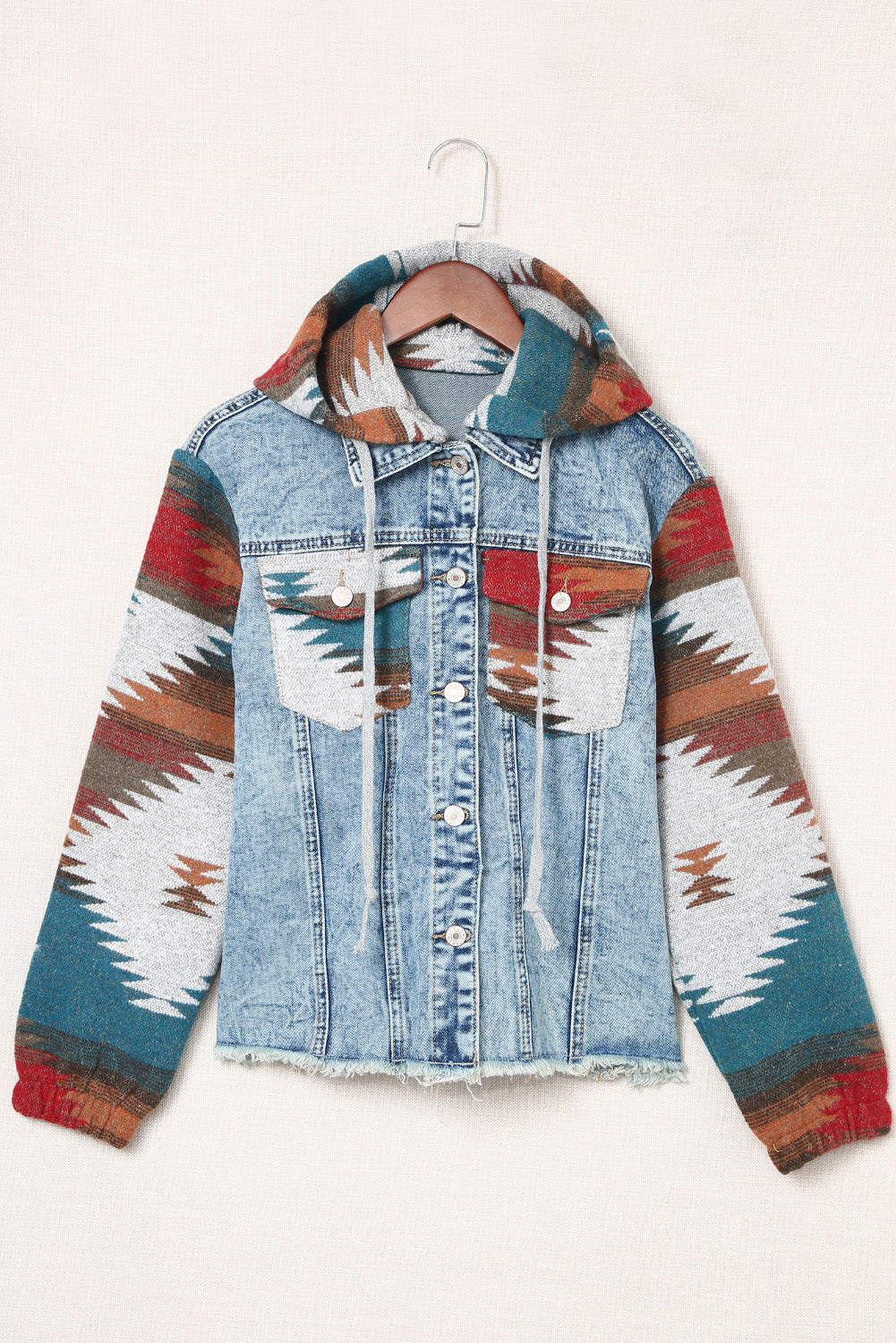Get trendy with Drawstring Hooded Pocketed Denim Jacket - Denim Jacket available at Styles Code. Grab yours today!