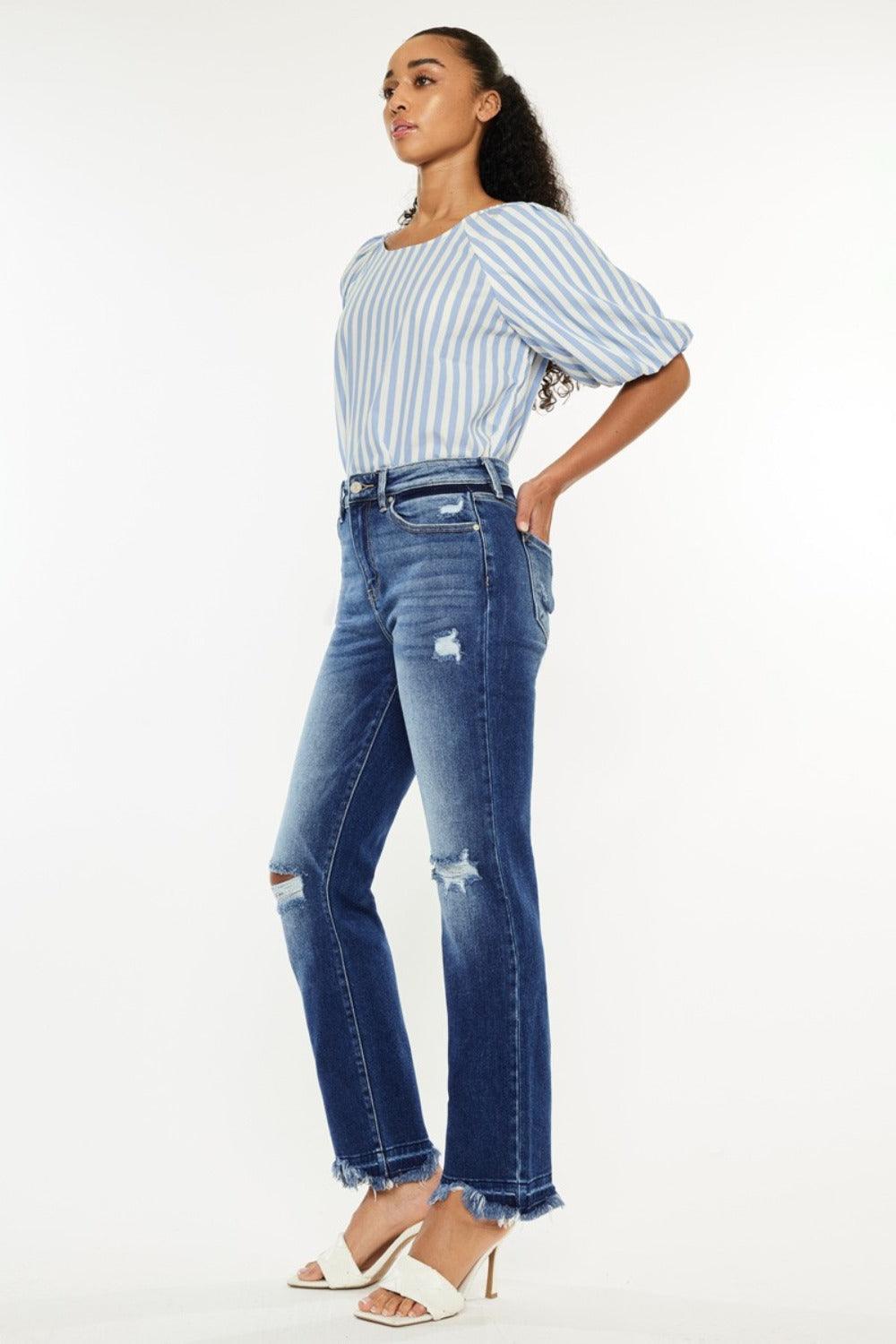 Get trendy with High Rise Distressed Slim Straight Jeans - Jeans available at Styles Code. Grab yours today!