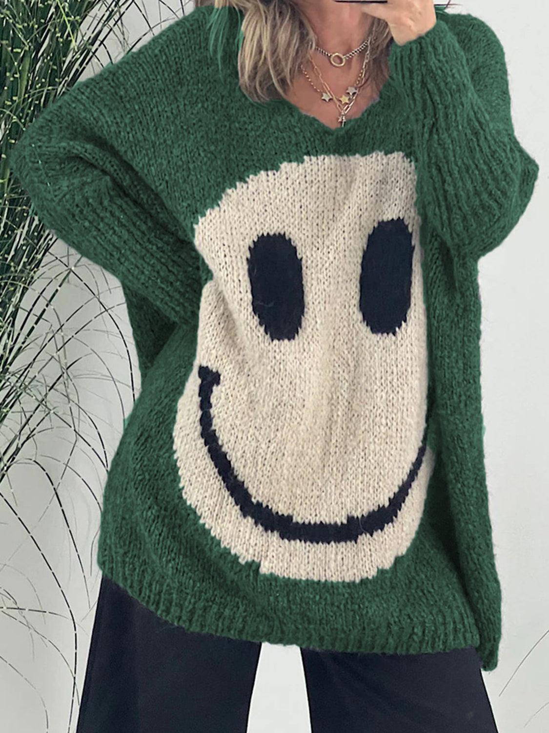 Get trendy with Smiling Face V-Neck Long Sleeve Sweater - available at Styles Code. Grab yours today!