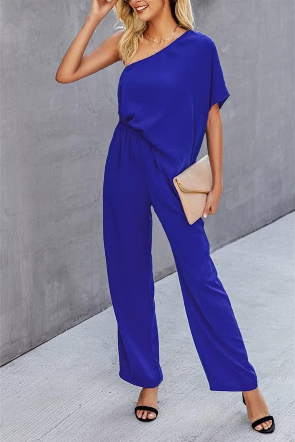 Get trendy with Single Shoulder Short Sleeve Jumpsuit - Jumpsuit available at Styles Code. Grab yours today!