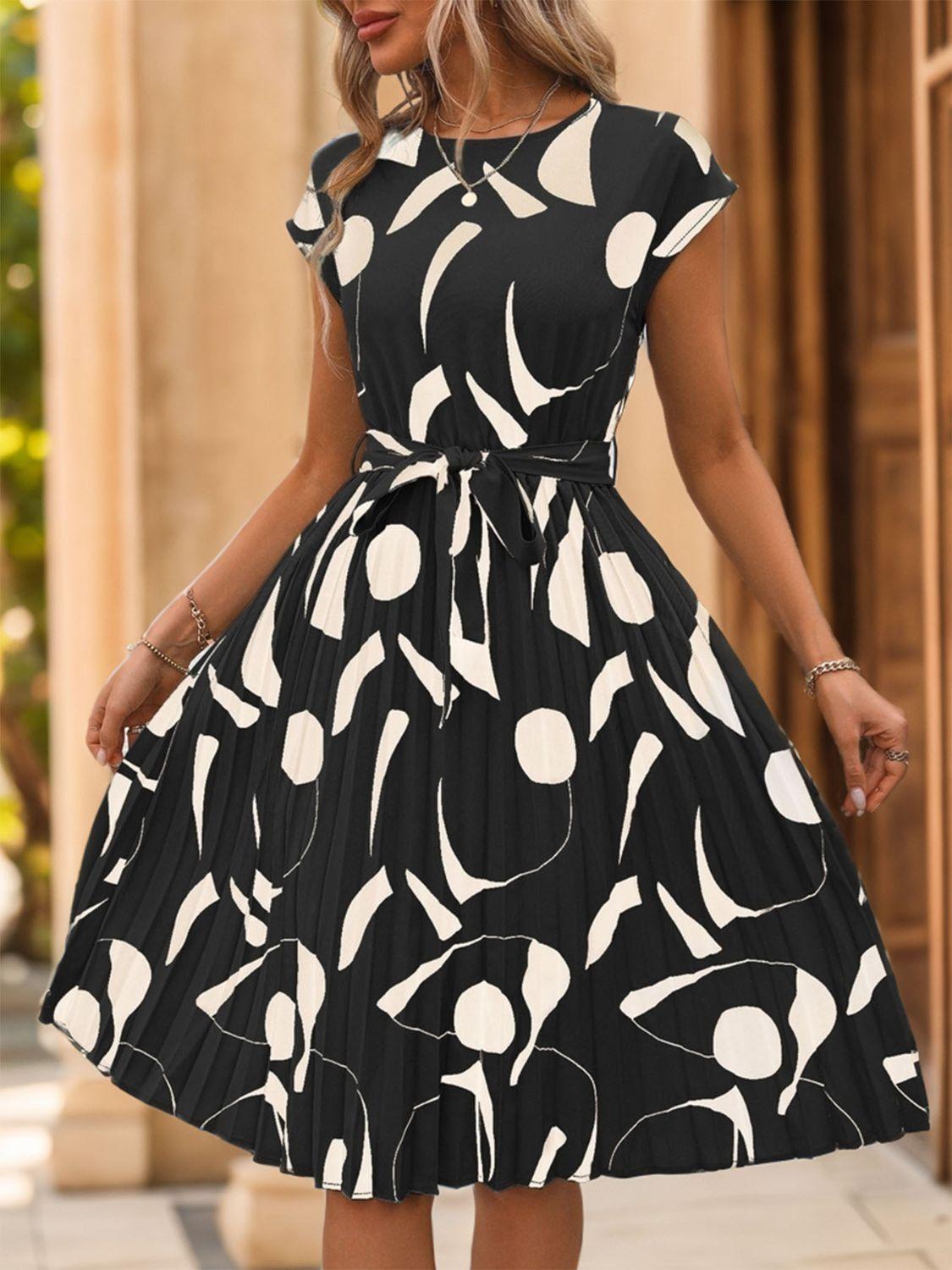 Get trendy with Tied Pleated Printed Cap Sleeve Dress - Dress available at Styles Code. Grab yours today!