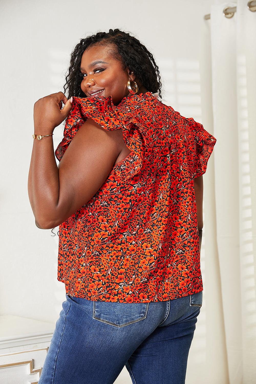 Get trendy with Floral Flutter Sleeve Notched Neck Blouse - Top available at Styles Code. Grab yours today!