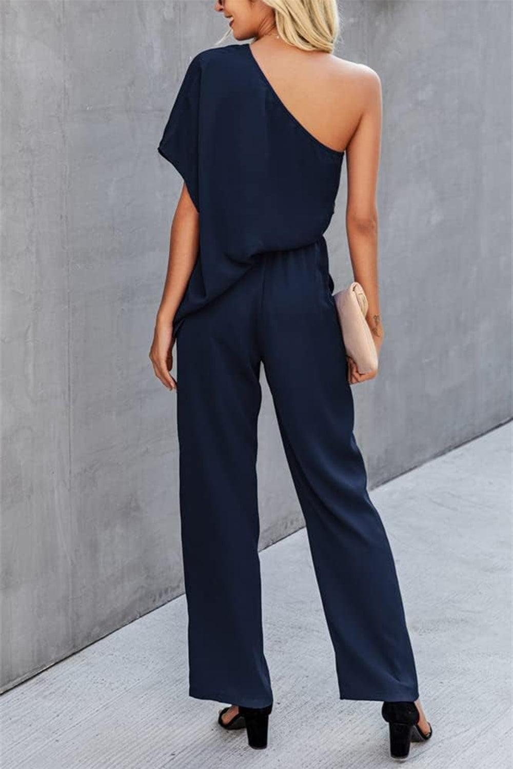 Get trendy with Single Shoulder Short Sleeve Jumpsuit - Jumpsuit available at Styles Code. Grab yours today!