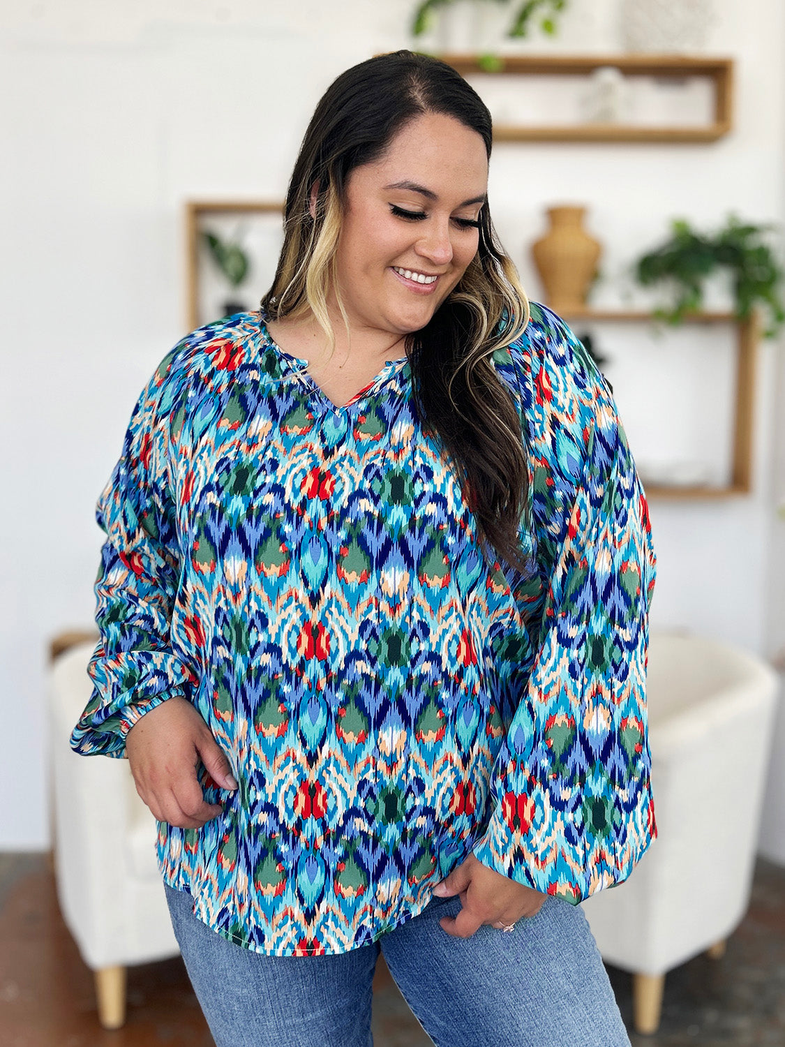 Get trendy with Full Size Balloon Sleeve Blouse - Blouse available at Styles Code. Grab yours today!
