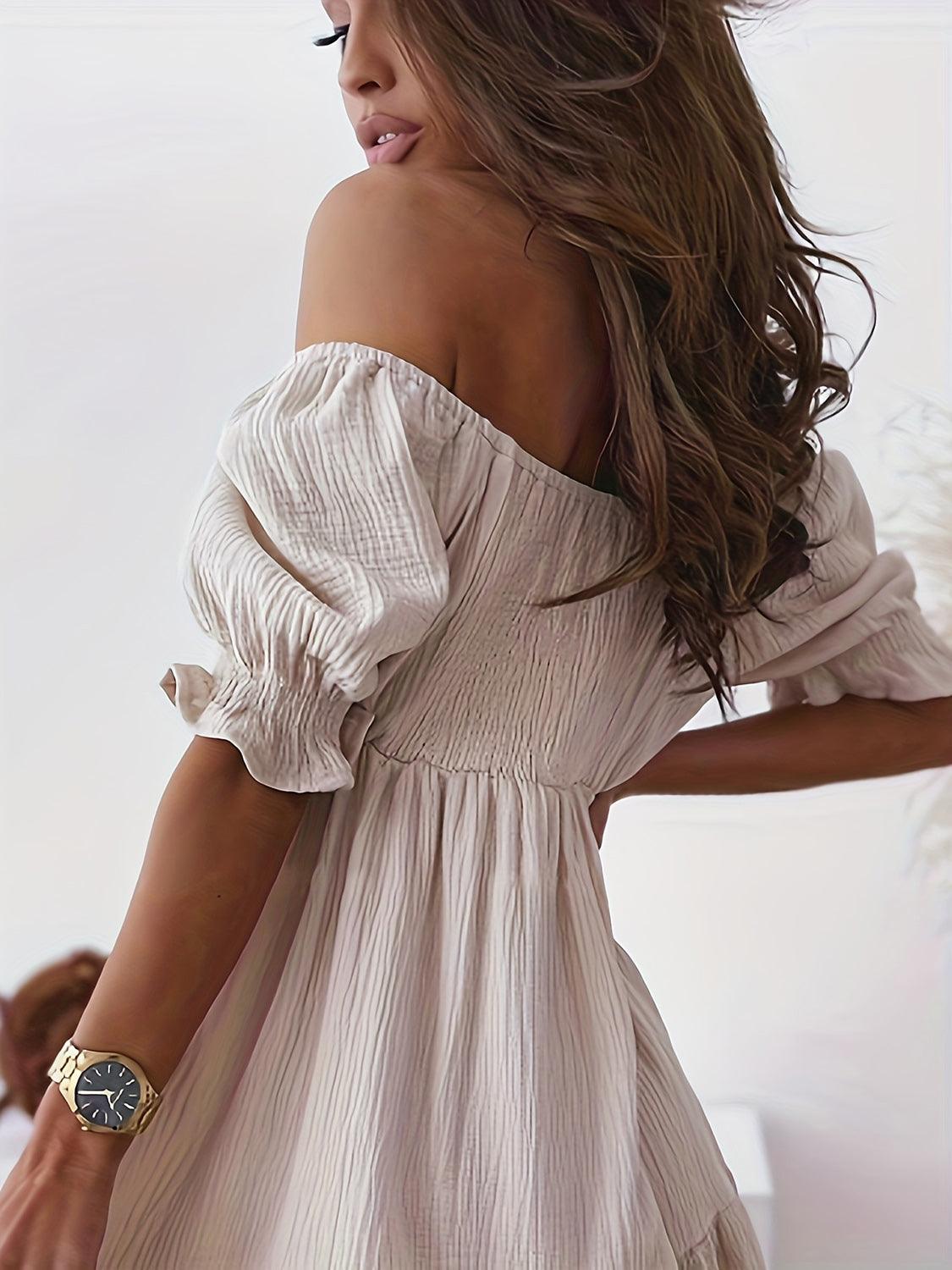 Get trendy with Full Size Ruffled Off-Shoulder Short Sleeve Dress - Dress available at Styles Code. Grab yours today!