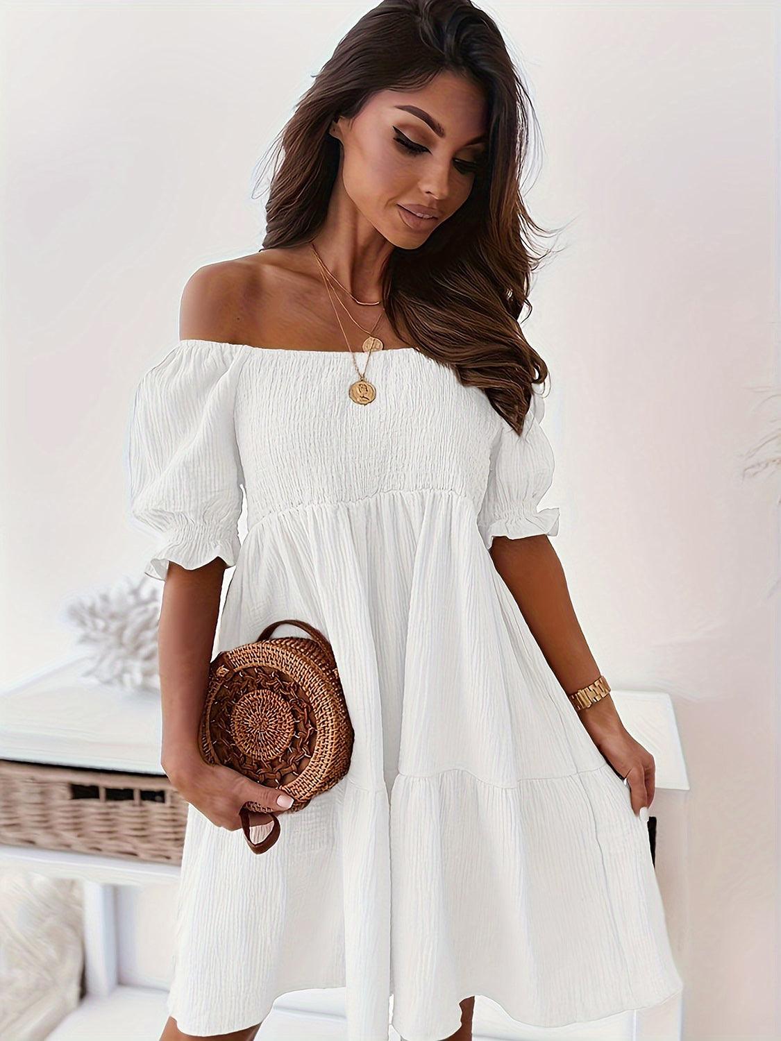 Get trendy with Full Size Ruffled Off-Shoulder Short Sleeve Dress - Dress available at Styles Code. Grab yours today!