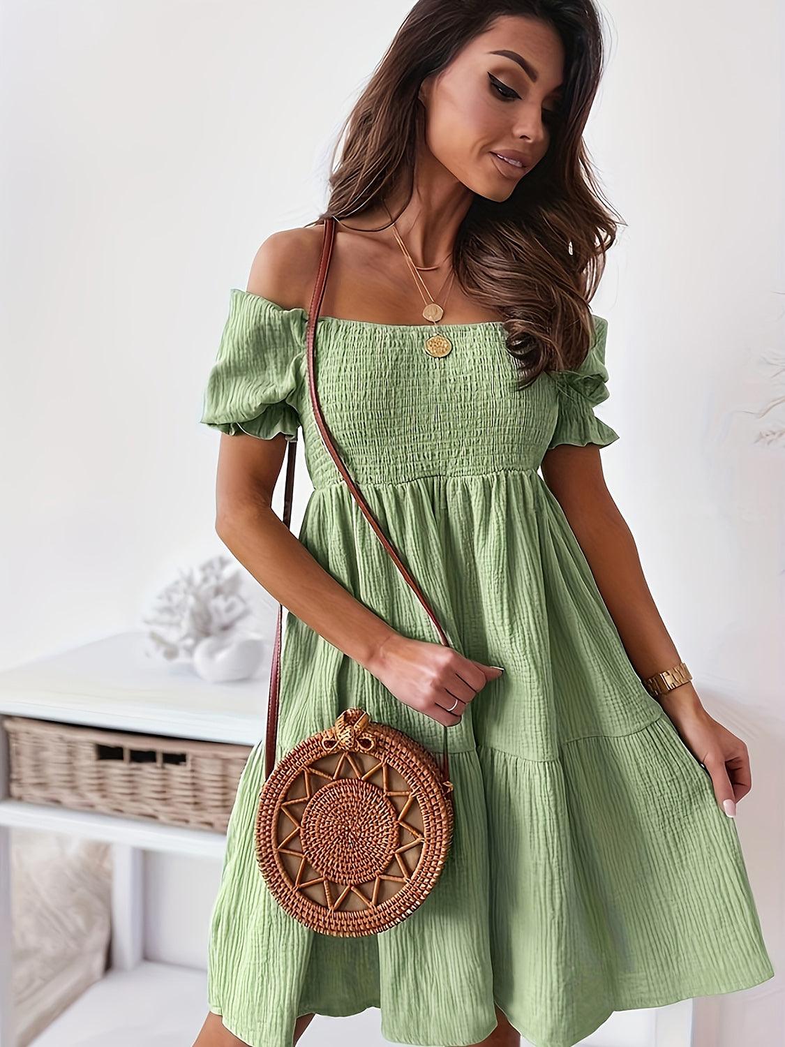 Get trendy with Full Size Ruffled Off-Shoulder Short Sleeve Dress - Dress available at Styles Code. Grab yours today!