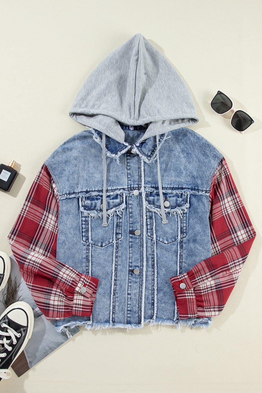 Get trendy with Raw Hem Plaid Denim Jacket - Denim Jacket available at Styles Code. Grab yours today!