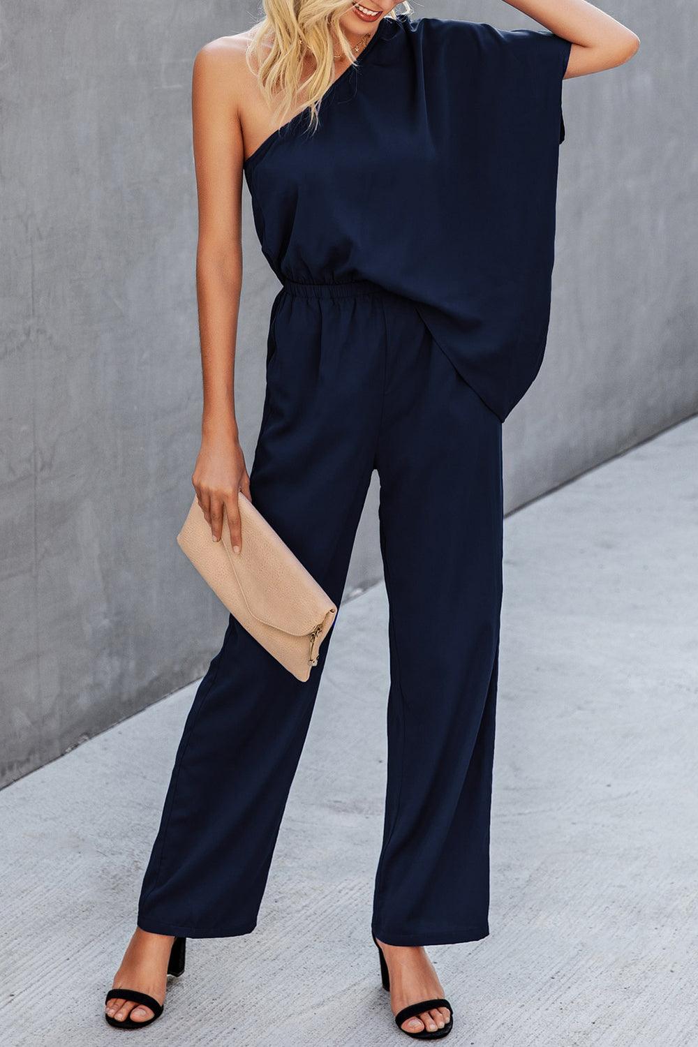 Get trendy with Single Shoulder Short Sleeve Jumpsuit - Jumpsuit available at Styles Code. Grab yours today!