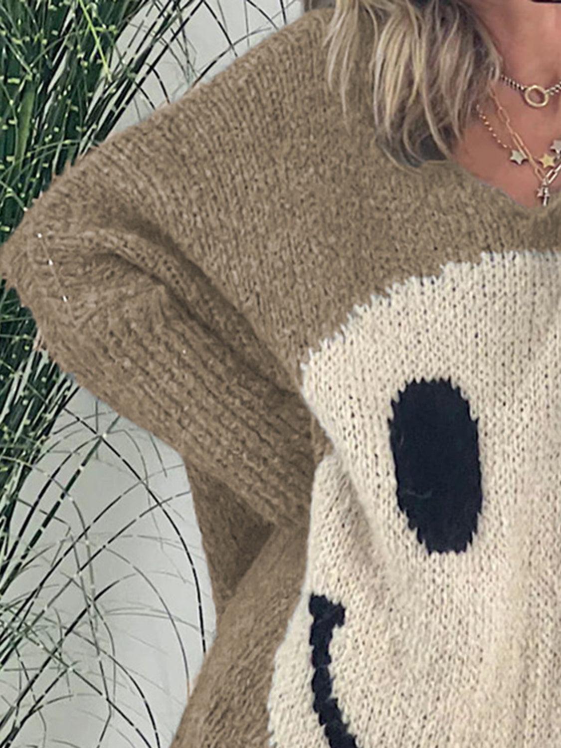 Get trendy with Smiling Face V-Neck Long Sleeve Sweater - available at Styles Code. Grab yours today!