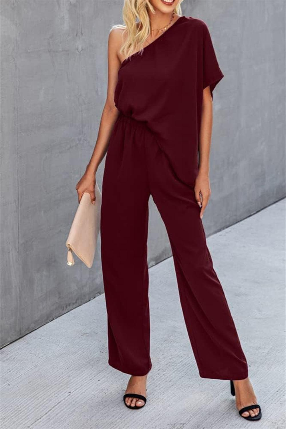 Get trendy with Single Shoulder Short Sleeve Jumpsuit - Jumpsuit available at Styles Code. Grab yours today!