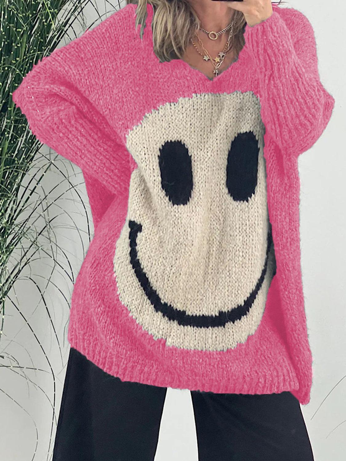 Get trendy with Smiling Face V-Neck Long Sleeve Sweater - available at Styles Code. Grab yours today!