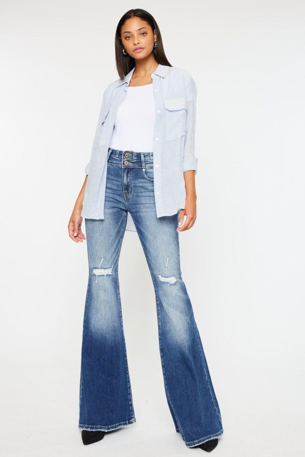 Get trendy with High Rise Wide Waistband Flare Jeans - Jeans available at Styles Code. Grab yours today!