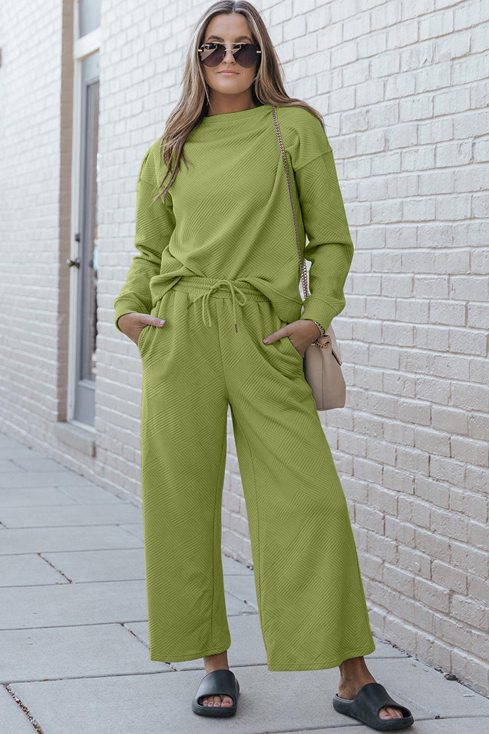 Get trendy with Full Size Textured Long Sleeve Top and Drawstring Pants Set - available at Styles Code. Grab yours today!
