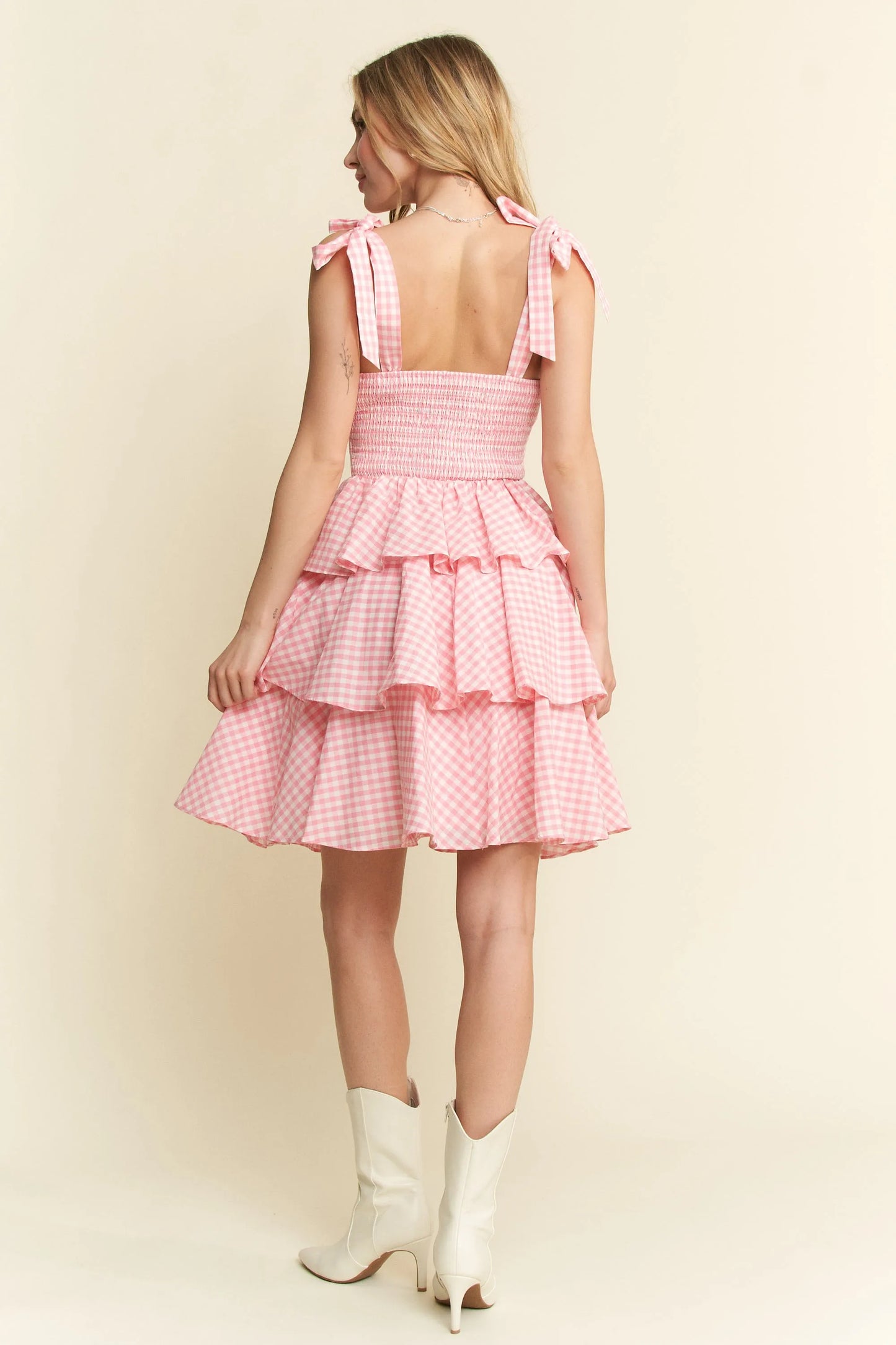 Get trendy with Full Size Gingham Tiered Mini Dress - Dress available at Styles Code. Grab yours today!