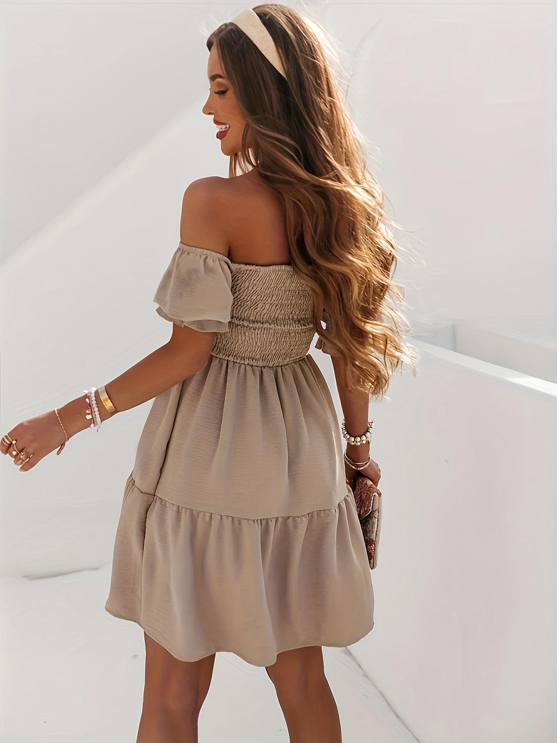 Get trendy with Full Size Ruffled Off-Shoulder Short Sleeve Dress - Dress available at Styles Code. Grab yours today!