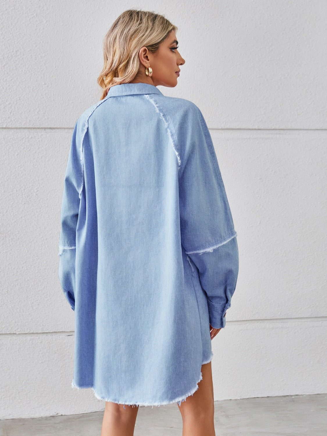 Get trendy with Raw Hem Button Up Denim Dress - Denim Dress available at Styles Code. Grab yours today!