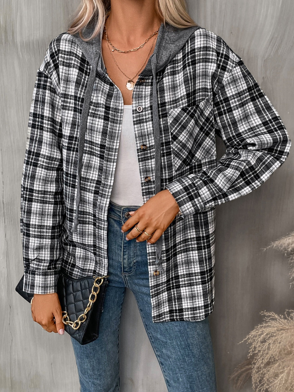 Get trendy with Plaid Long Sleeve Hooded Jacket - Jackets available at Styles Code. Grab yours today!