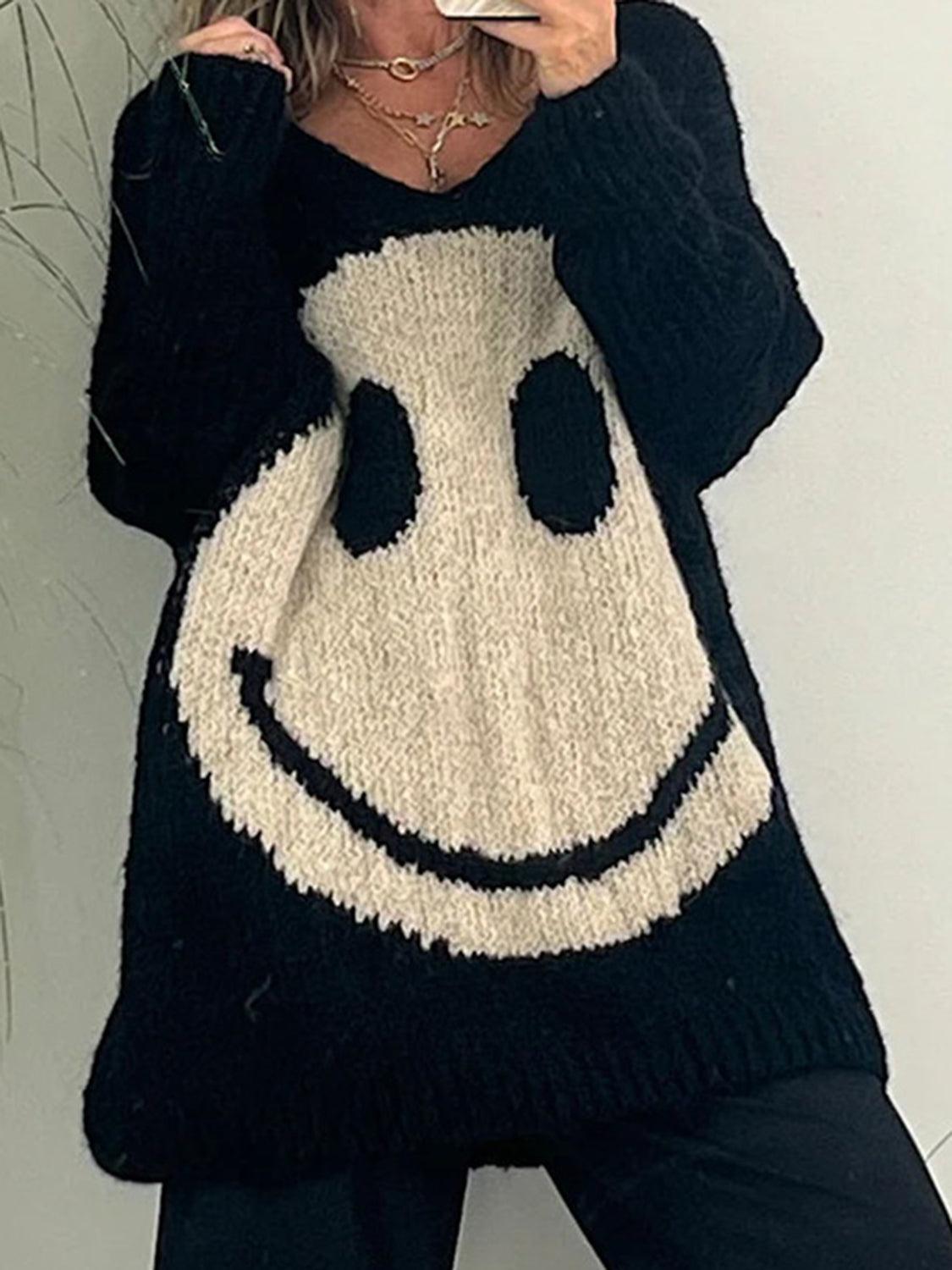 Get trendy with Smiling Face V-Neck Long Sleeve Sweater - available at Styles Code. Grab yours today!