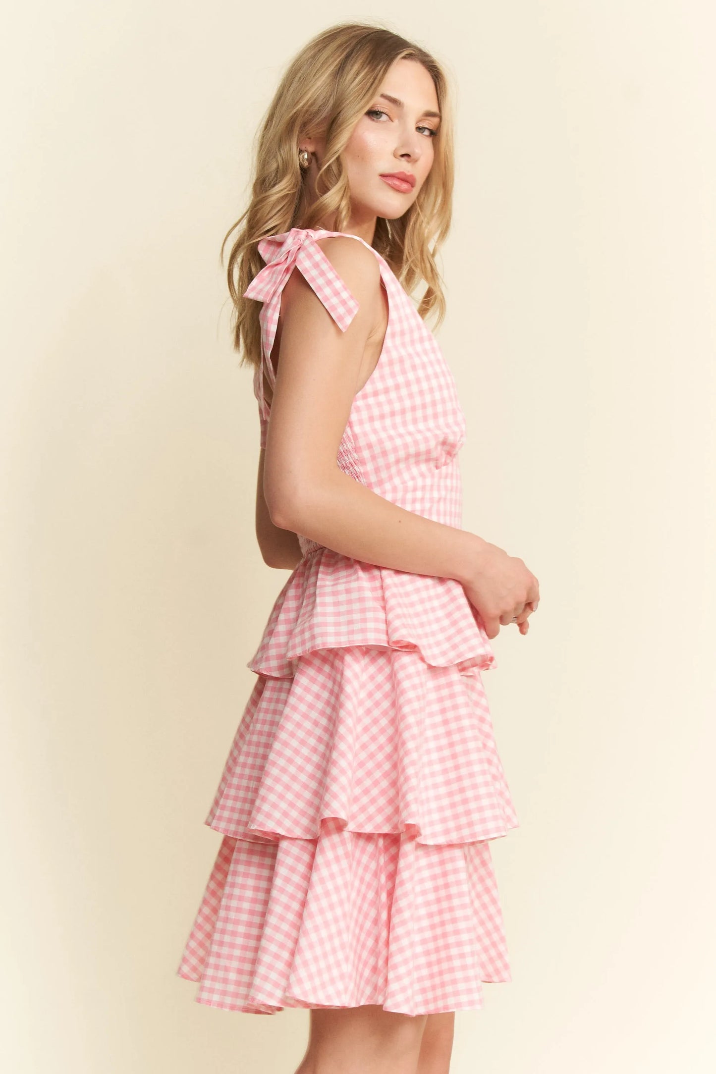 Get trendy with Full Size Gingham Tiered Mini Dress - Dress available at Styles Code. Grab yours today!
